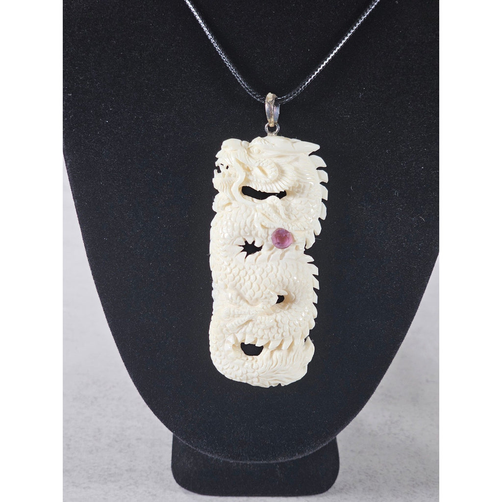 Vintage Carved Dragon Pendant Necklace With Pink Stone