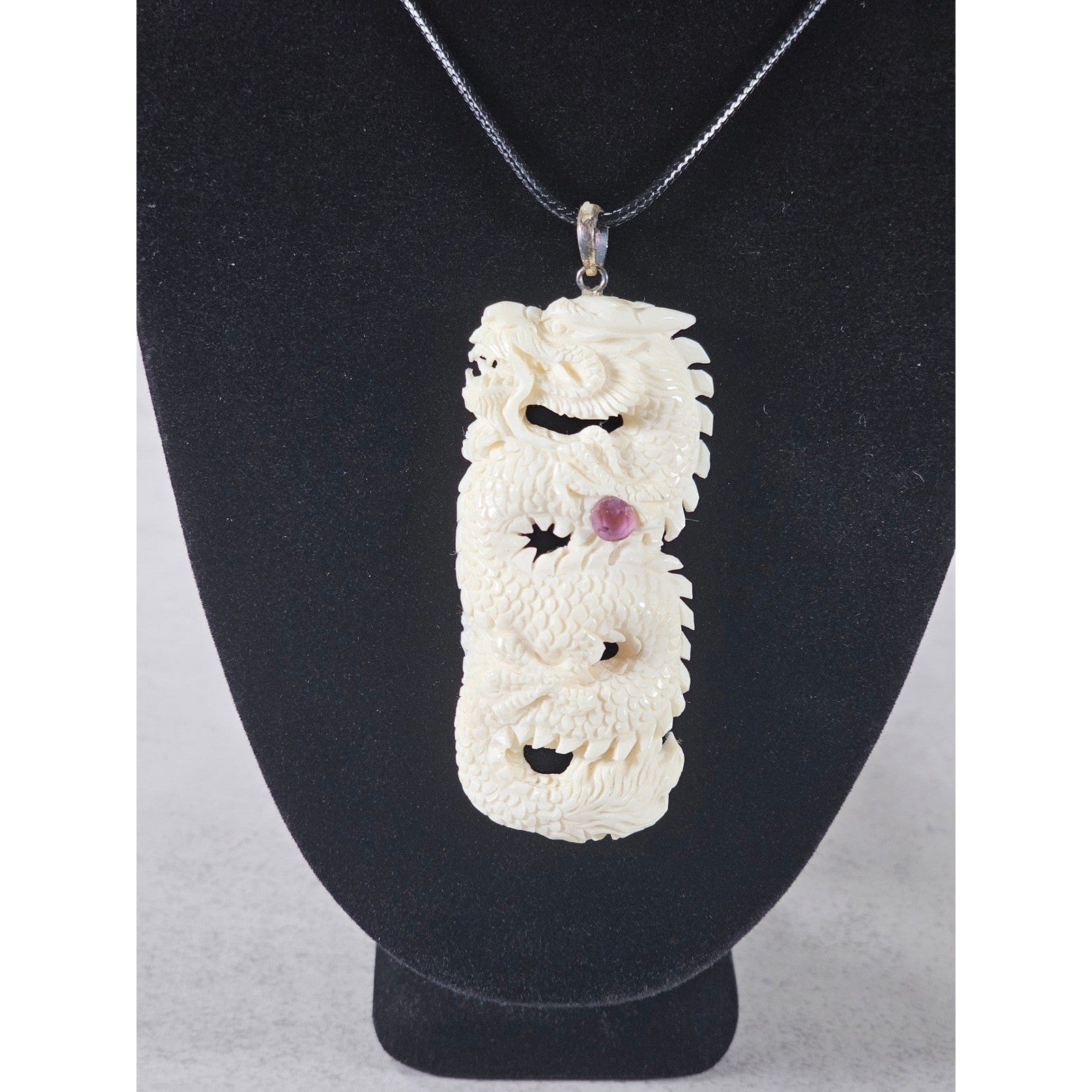 Vintage Carved Dragon Pendant Necklace With Pink Stone