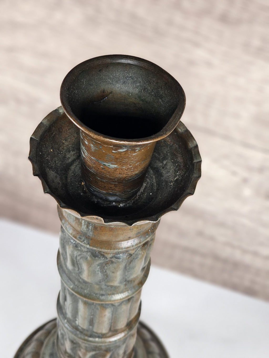 Antique Tinned Copper Candlestick Holder Ornate Embossed Design 12" Tall