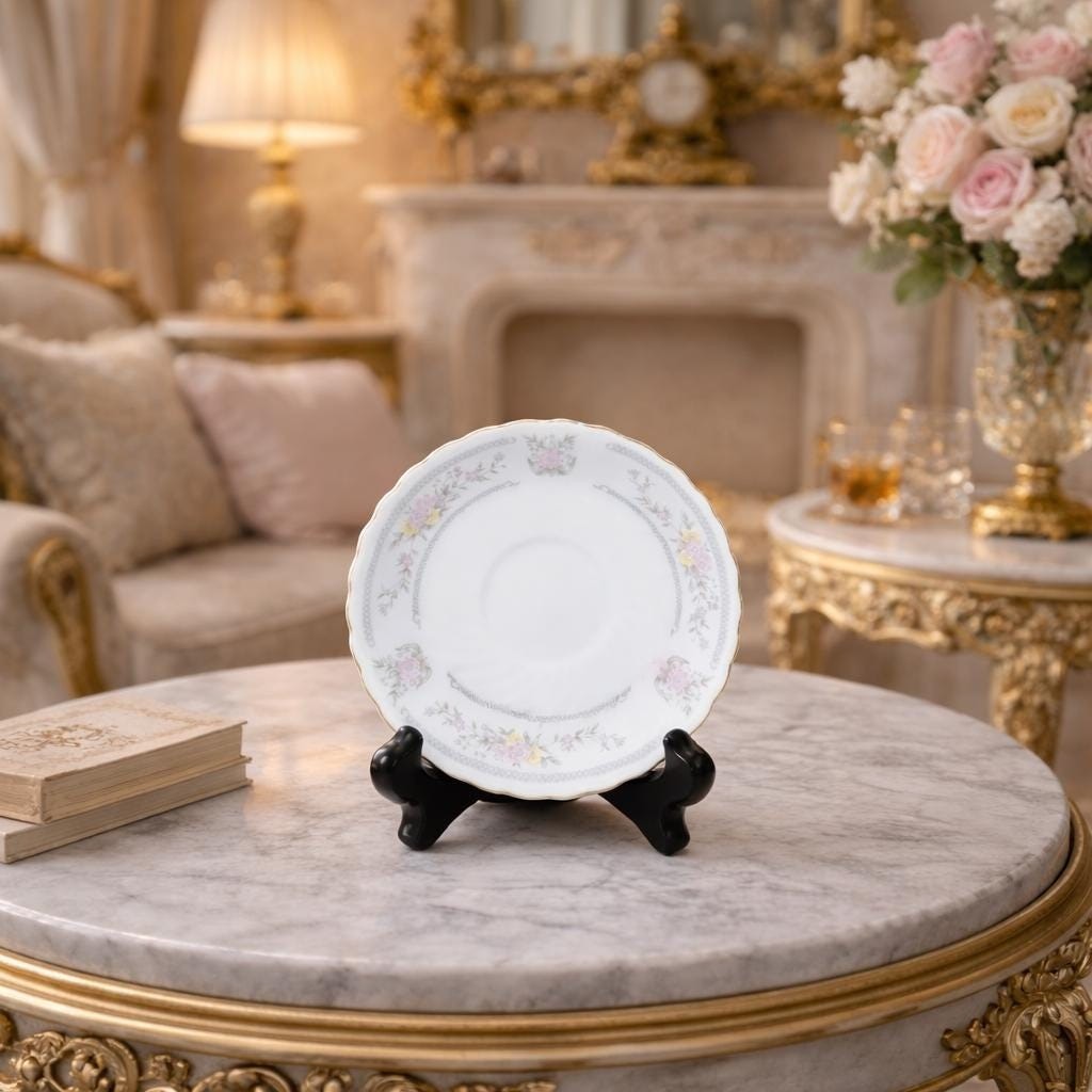 Vintage Floral Decorative Plate Pink Yellow Flowers Gold Rim