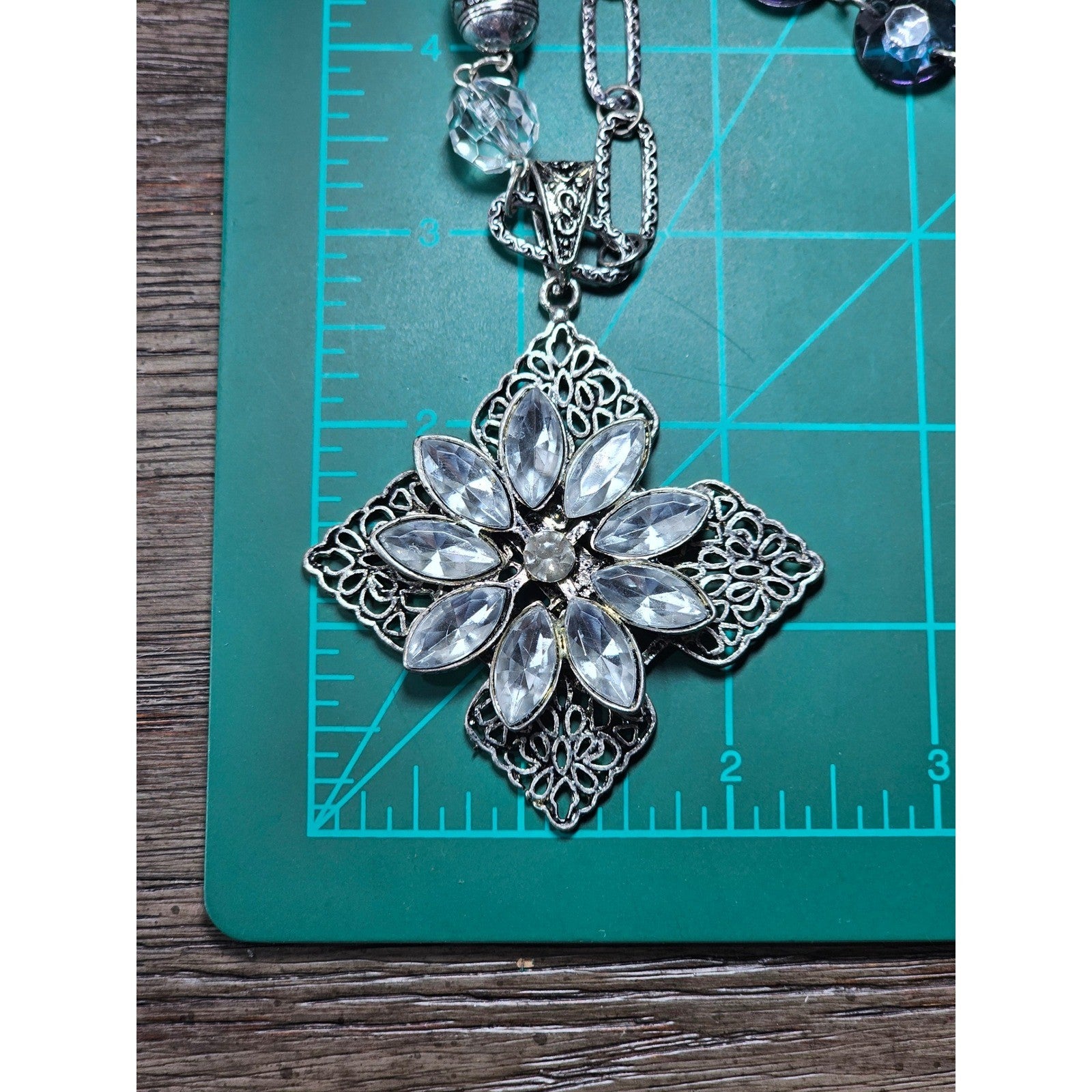 Vintage Silver Tone Crystal Cross Pendant Necklace Beaded Chain