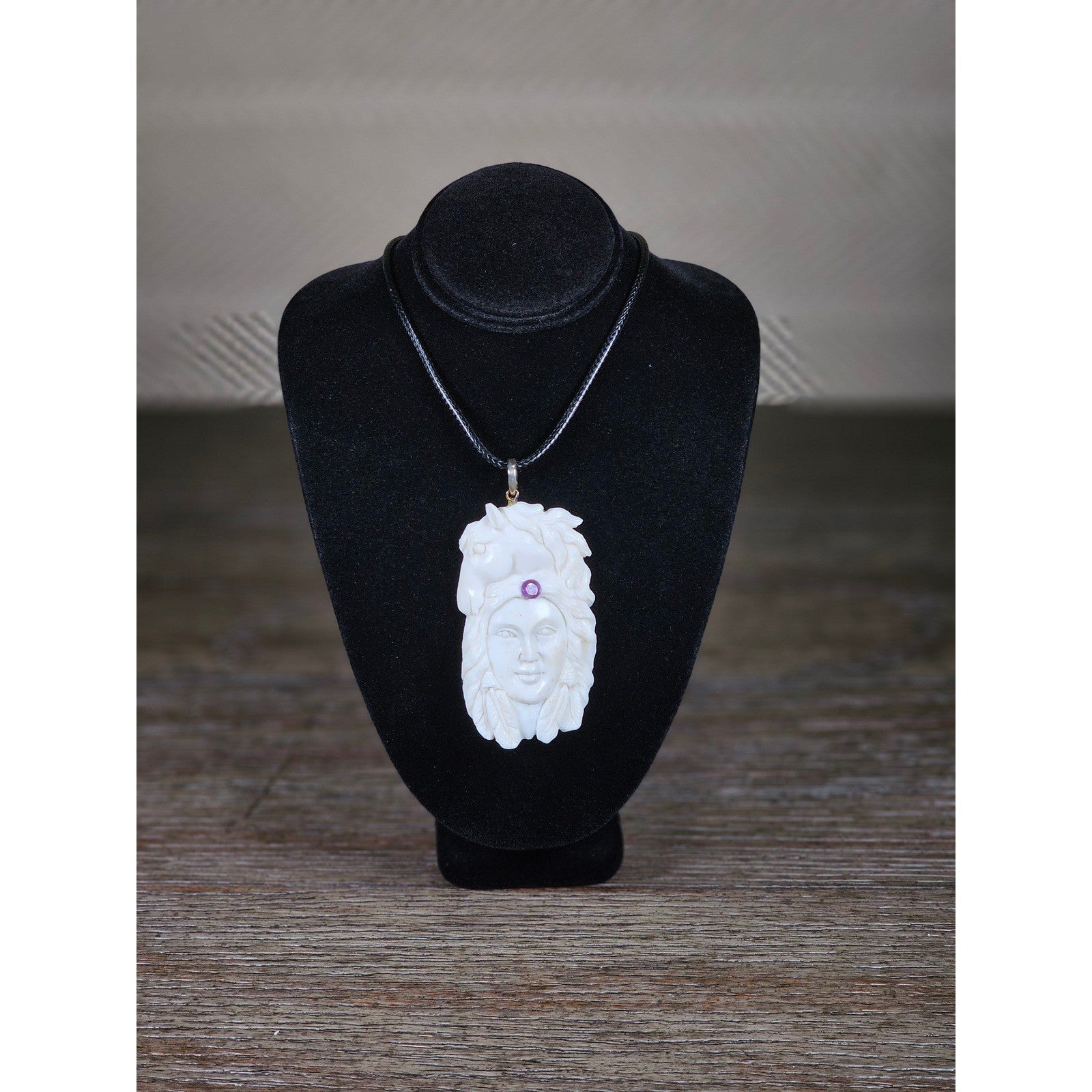 Carved Face Pendant Necklace With Purple Stone Accent Vintage Style