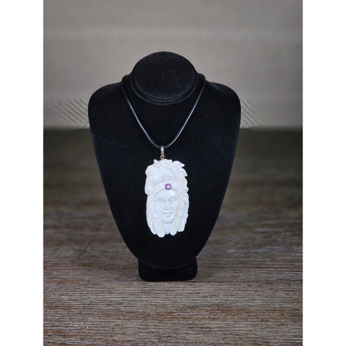 Carved Face Pendant Necklace With Purple Stone Accent Vintage Style
