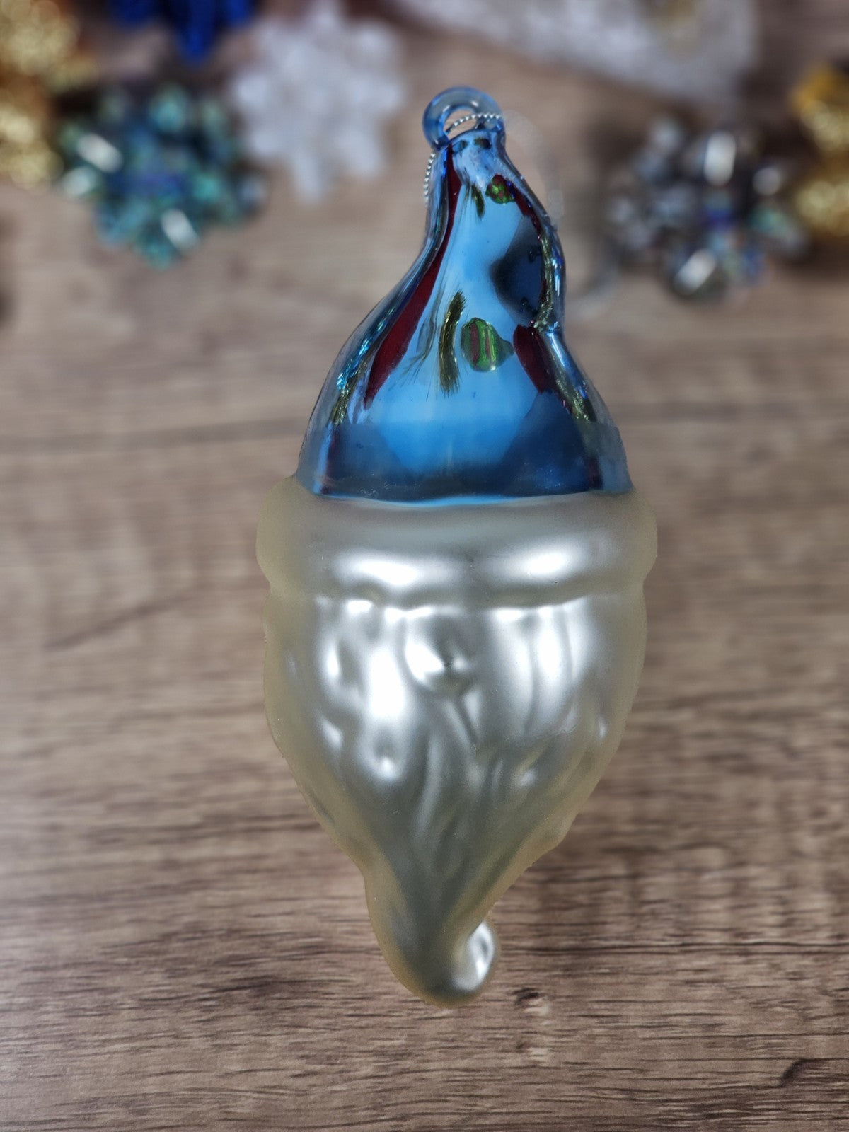 Vintage 70s Handblown Glass Santa Ornament With Blue Hat & Holly