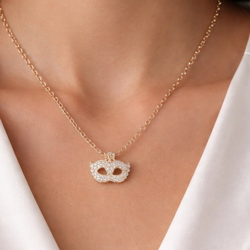 Gold Tone Rhinestone Mask Necklace Mardi Gras Pendant