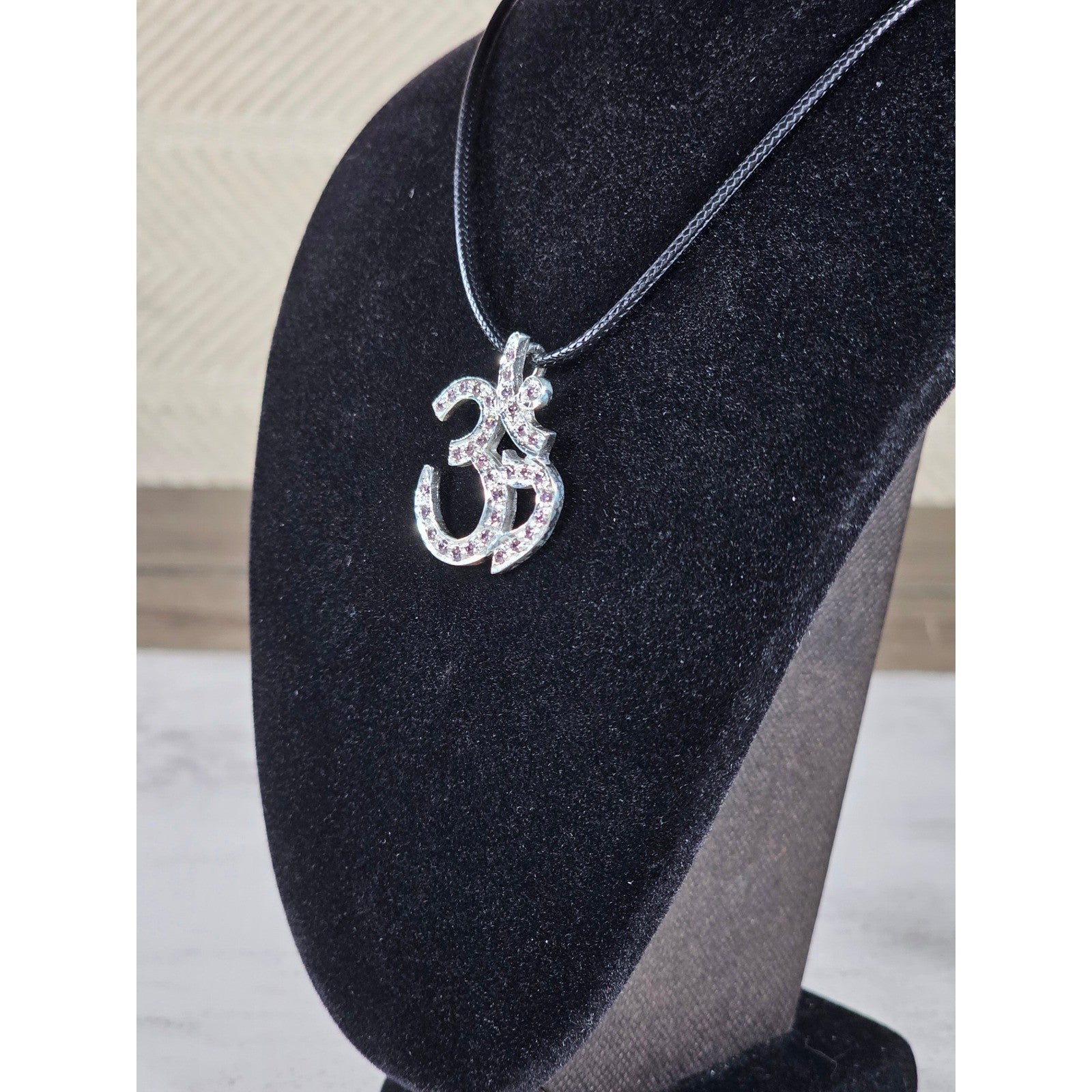Vintage Sterling Silver Om Necklace Pink Crystal Pendant