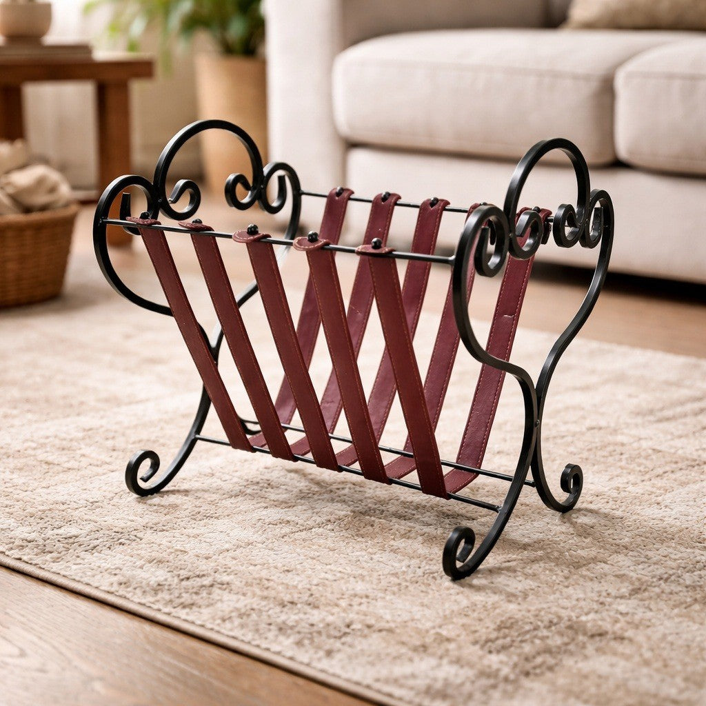 Vintage Iron & Leather Magazine Rack 16" Tall Rustic Book Holder