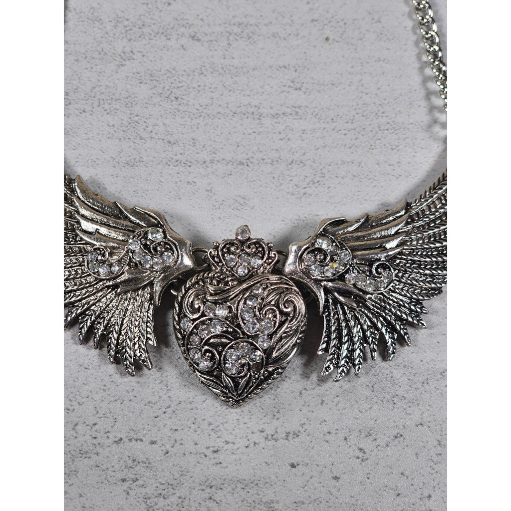 Vintage Winged Heart Rhinestone Necklace Silver Tone Statement
