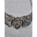 Vintage Winged Heart Rhinestone Necklace Silver Tone Statement