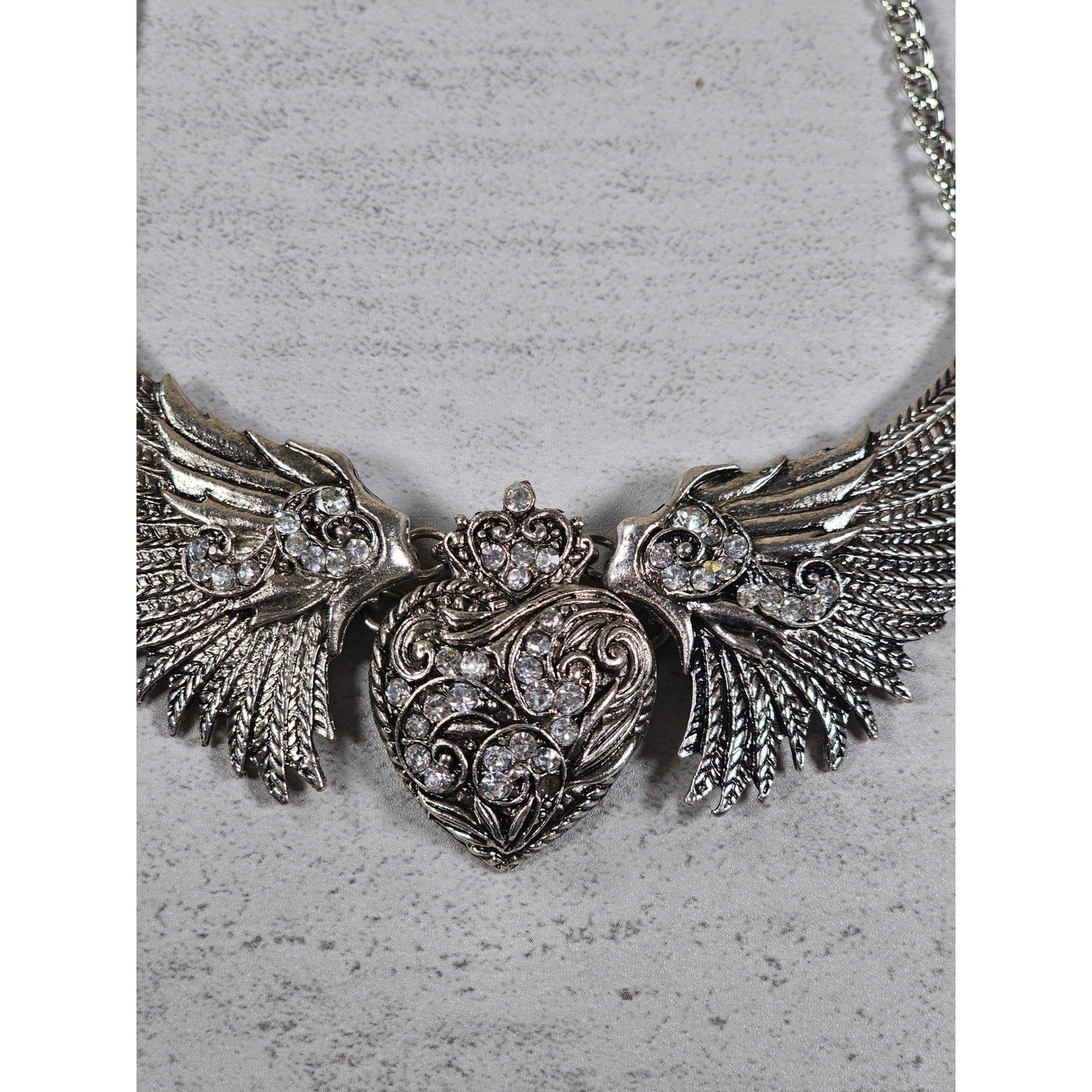 Vintage Winged Heart Rhinestone Necklace Silver Tone Statement