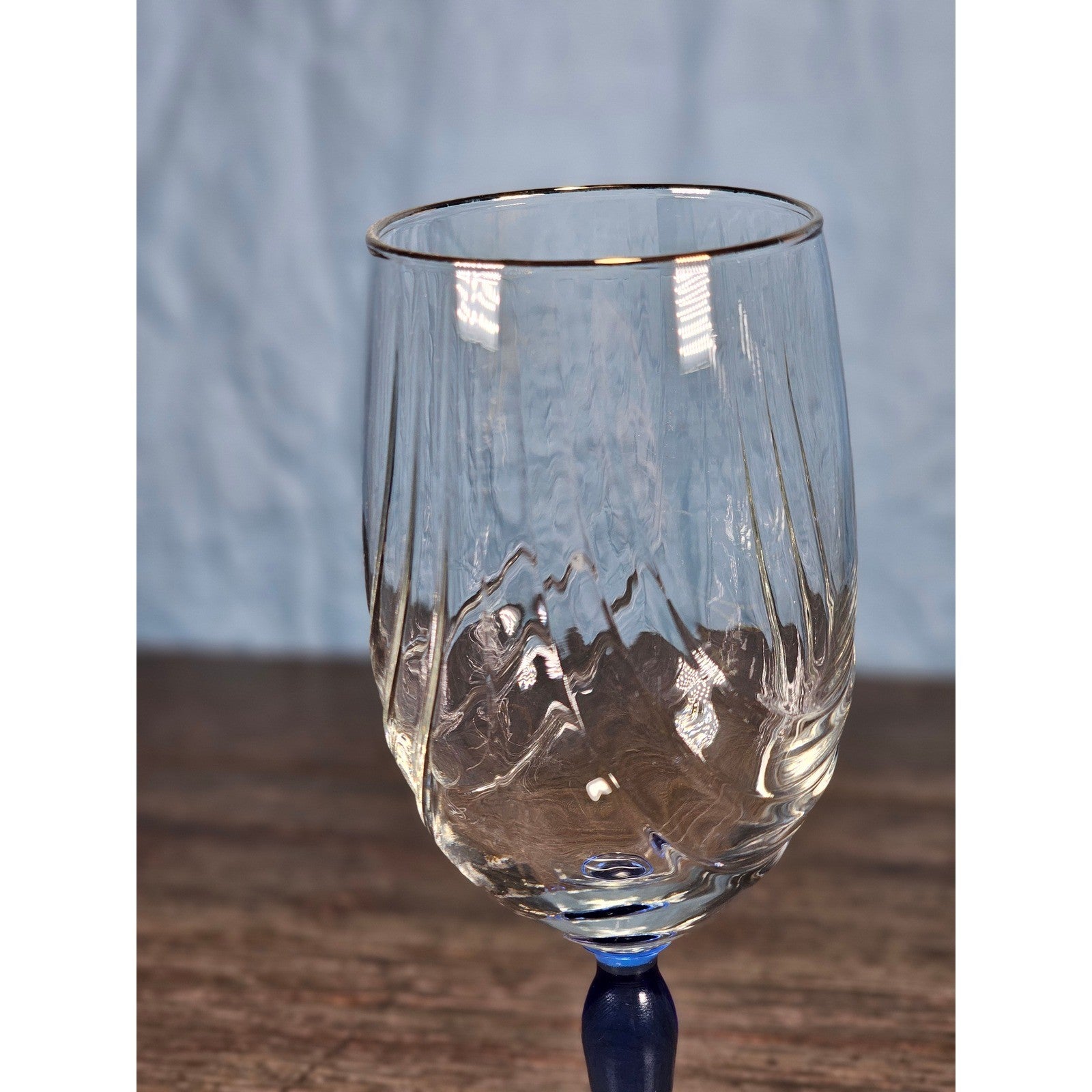 Vintage Blue Stem Wine Glass Clear Etched Bowl 8 Inch Goblet
