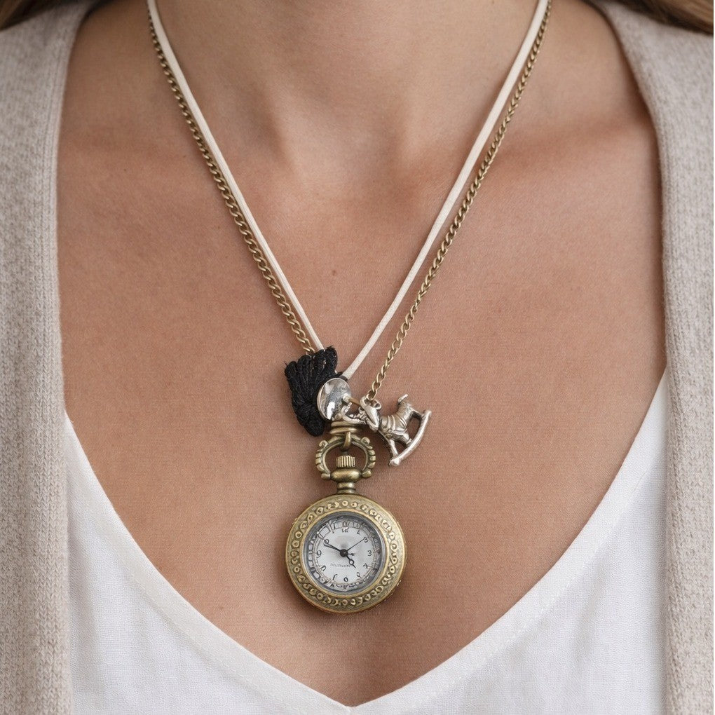 Vintage Pocket Watch Necklace Long Chain Eiffel Tower Charm Quartz