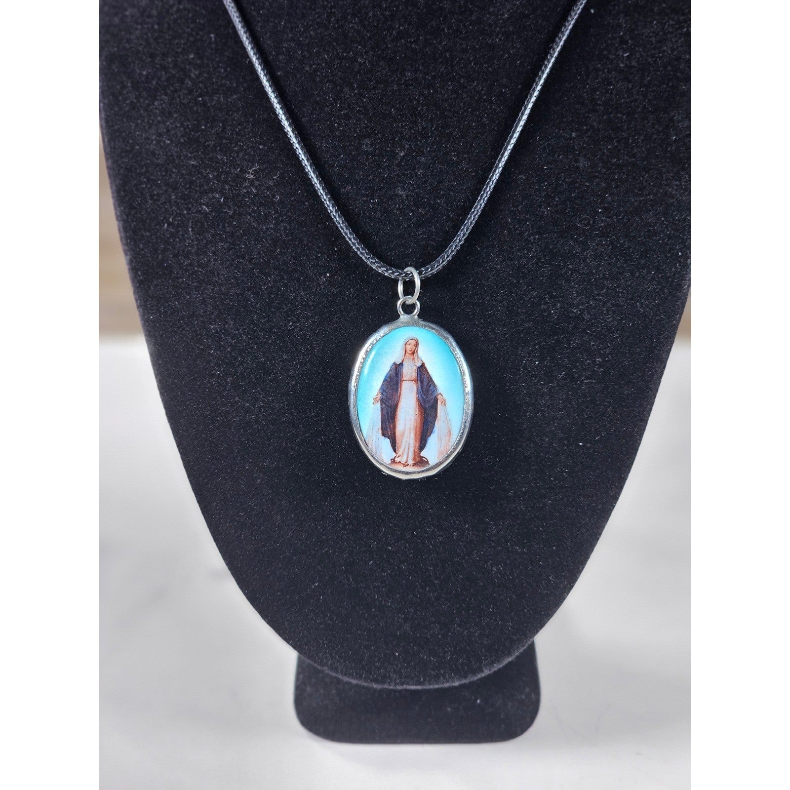 Vintage Miraculous Medal Necklace Oval Catholic Pendant