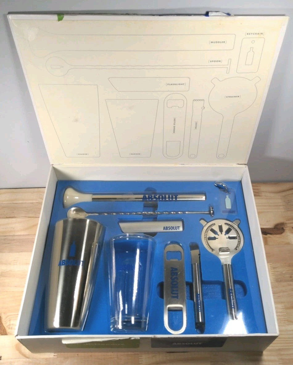 Absolut Vodka 9-Piece Bar Toolkit Set  Shaker Glass Muddler Strainer & More