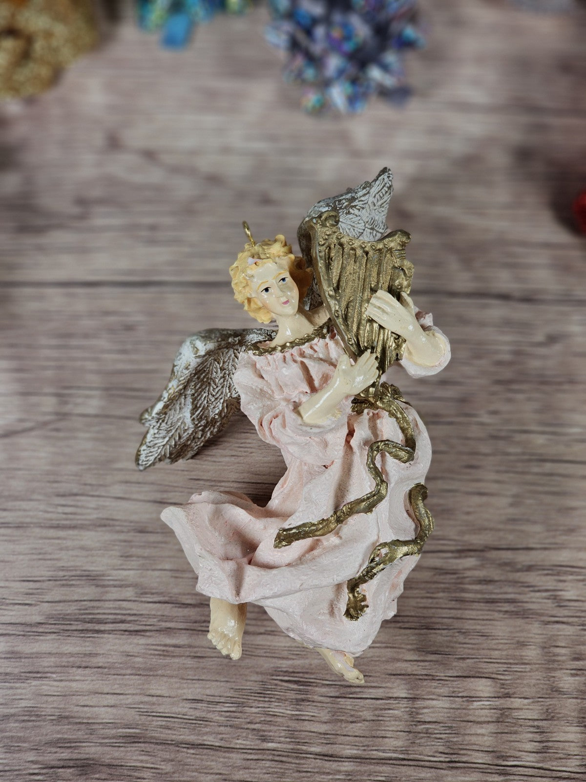 Vintage 90s Resin Angel Ornament With Harp 4" Pale Pink