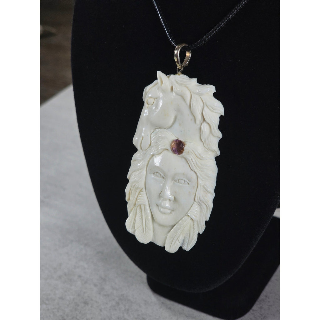 Vintage Hand Carved Natural Material Horse Female Portrait Pendant