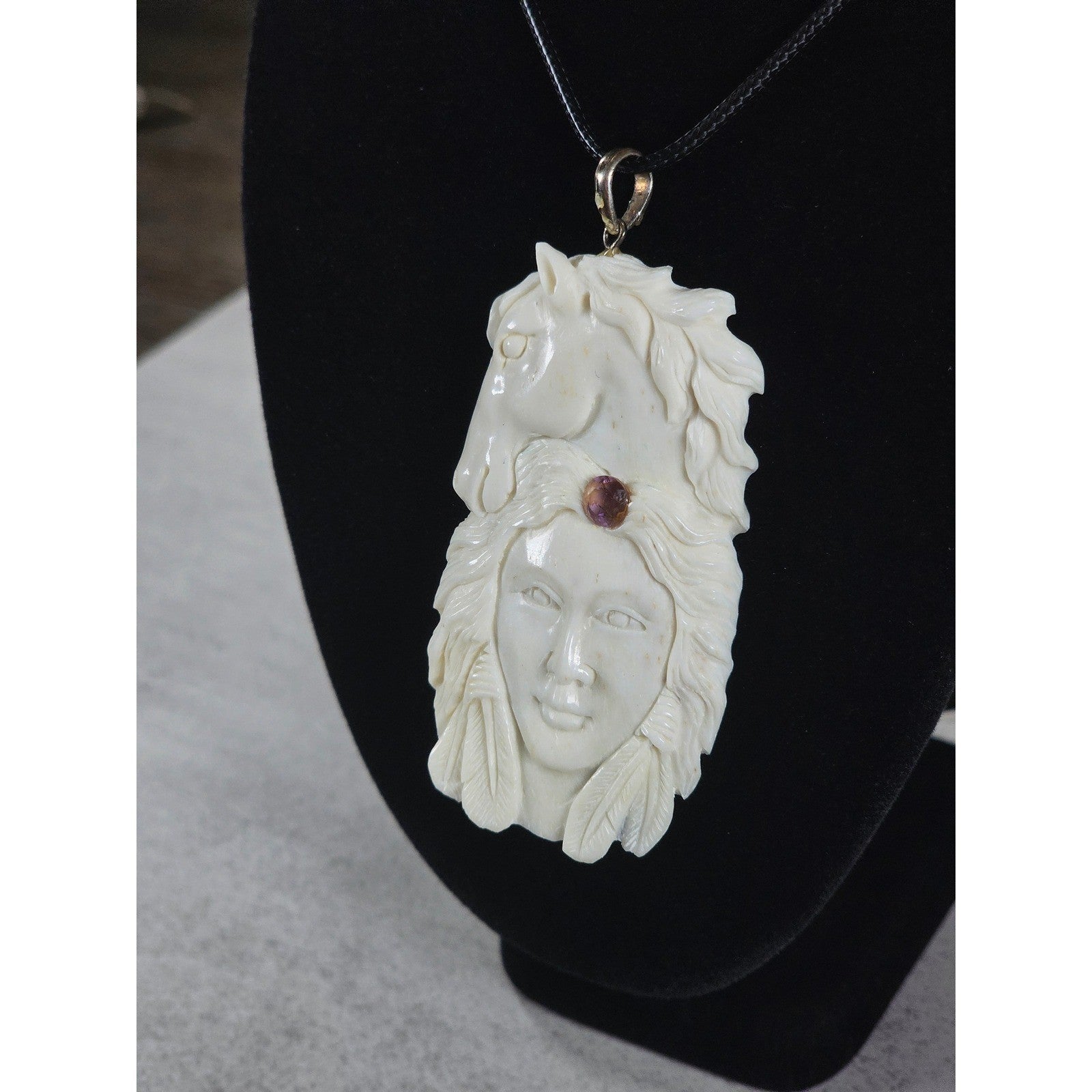 Vintage Hand Carved Natural Material Horse Female Portrait Pendant