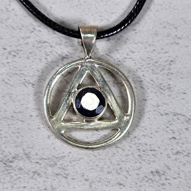 Vintage Sterling Silver Triangle Pendant w Purple Stone