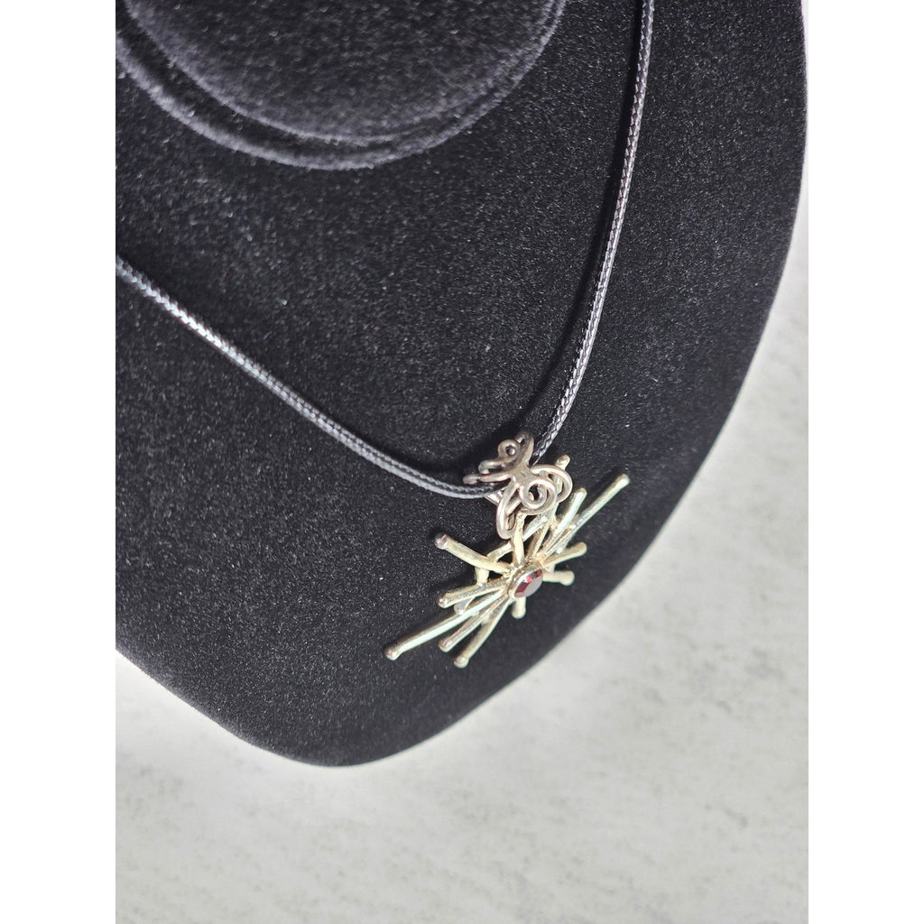 Vintage Starburst Pendant Necklace Red Stone Silver Tone