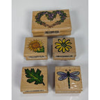 Wood Rubber Stamp Set Dragonfly Sunflower Daisy Leaf Set of 5