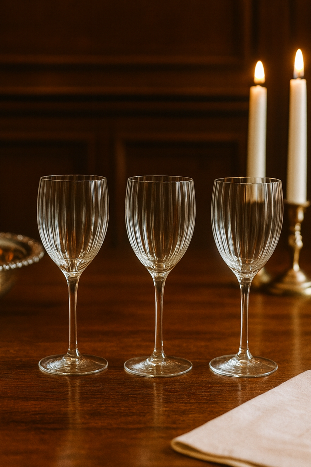 Set of 3 Crystal Fantasy Water Goblets Vintage Ribbed Optic Bowl Glasses