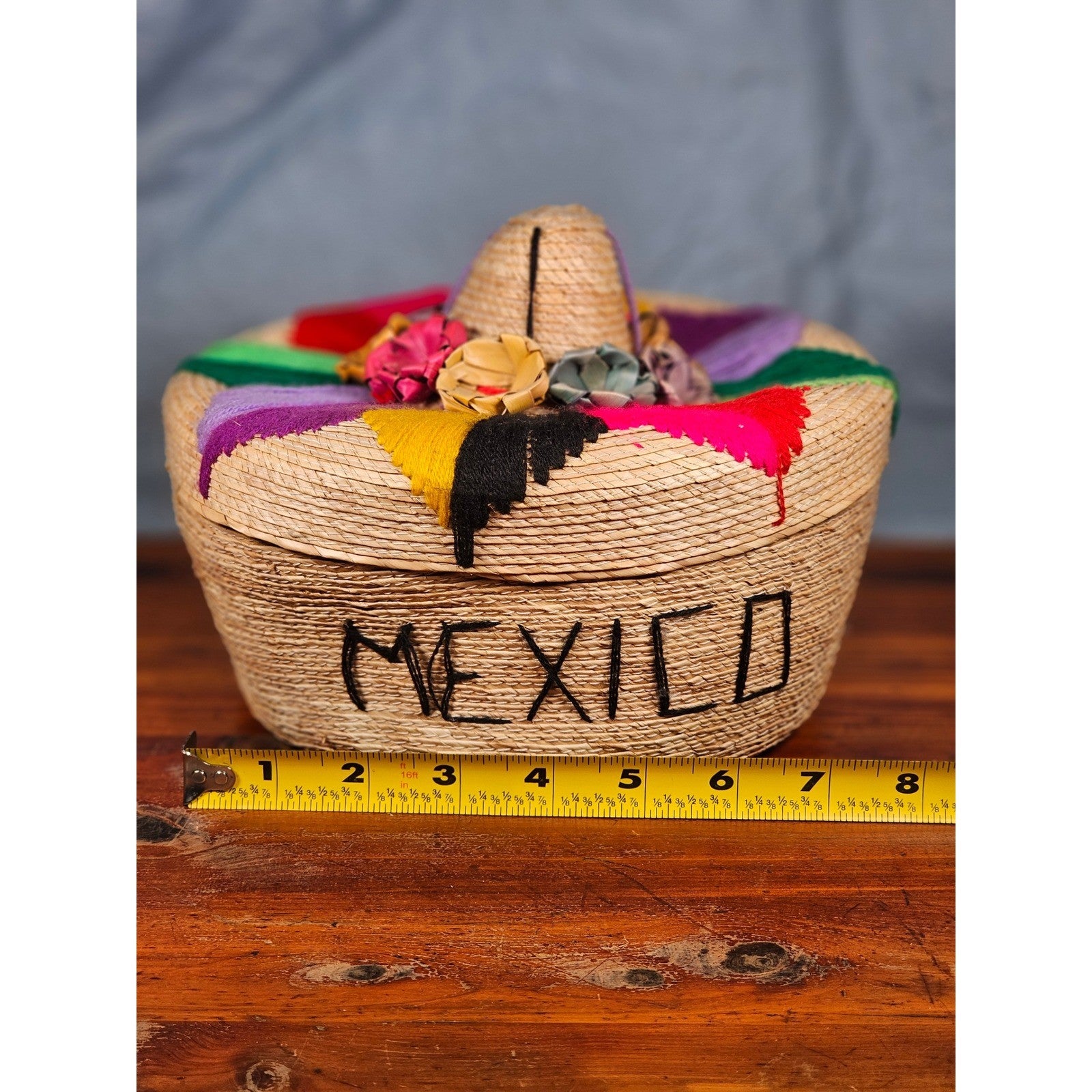Vintage Mexican Straw Sombrero Trinket Box with Lid Colorful Folk Decor