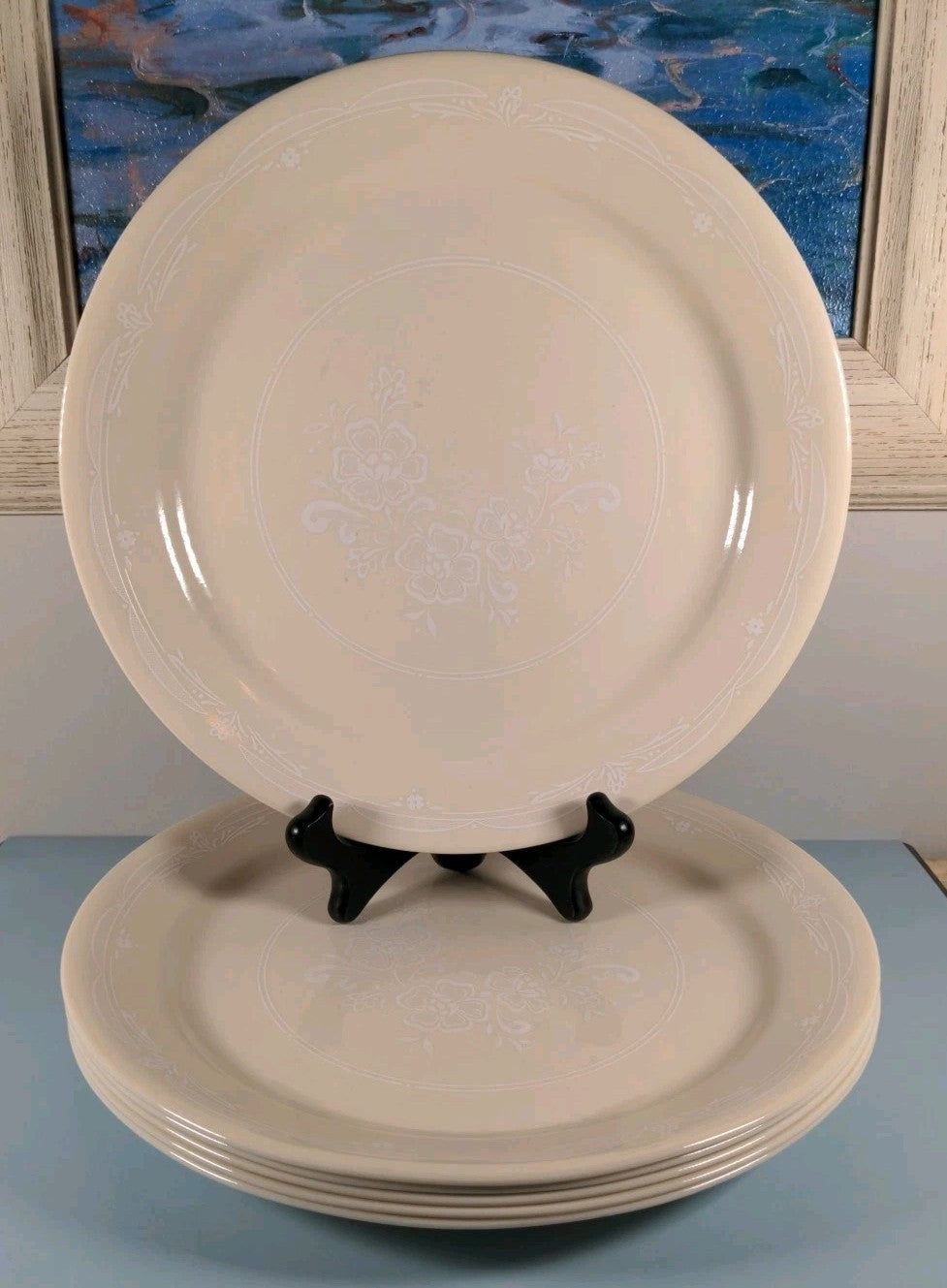 Vintage Corelle “Victorian Lace” Set of 6 Dinner Plates White‑on‑Beige Floral Pa