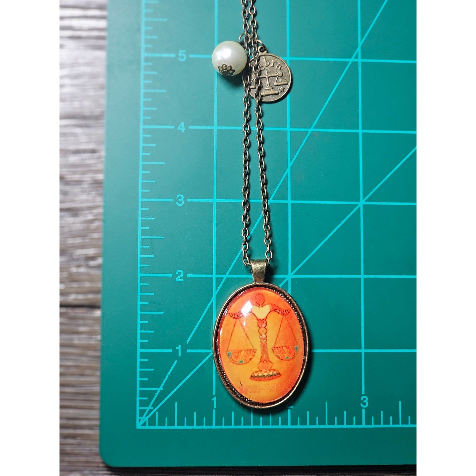 Vintage Libra Zodiac Pendant Necklace Orange Cabochon Charmine