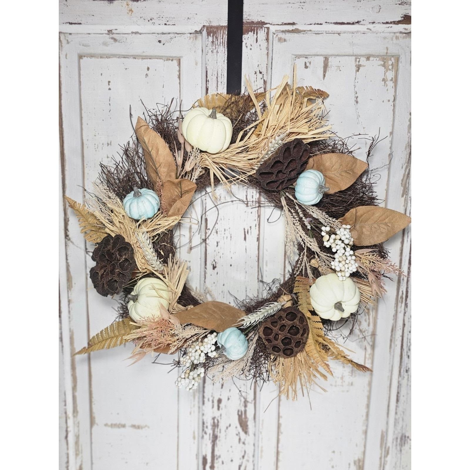 Rustic Fall Harvest Wreath With Pumpkins, Berries, Leaves Seasonal Decor