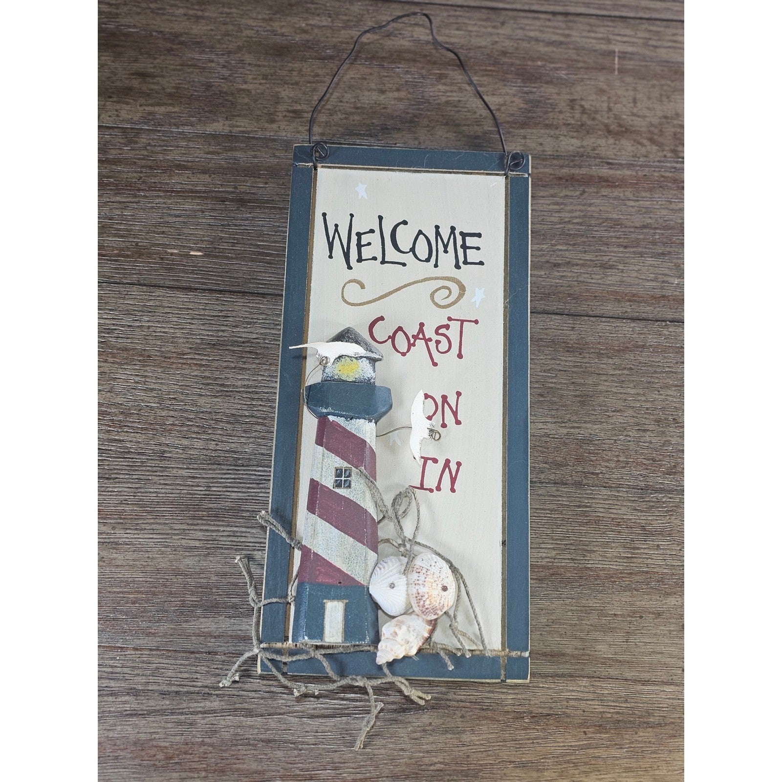 Vintage Coastal Welcome Sign Lighthouse Wall Decor Nautical Beach Cottage