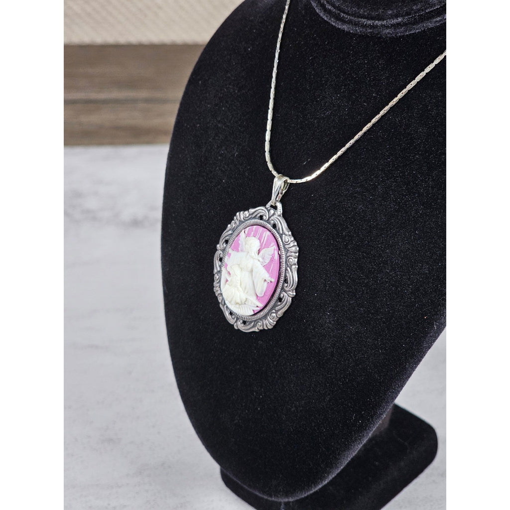 Vintage Angel Cameo Pendant Necklace Pink Relief Oval Frame
