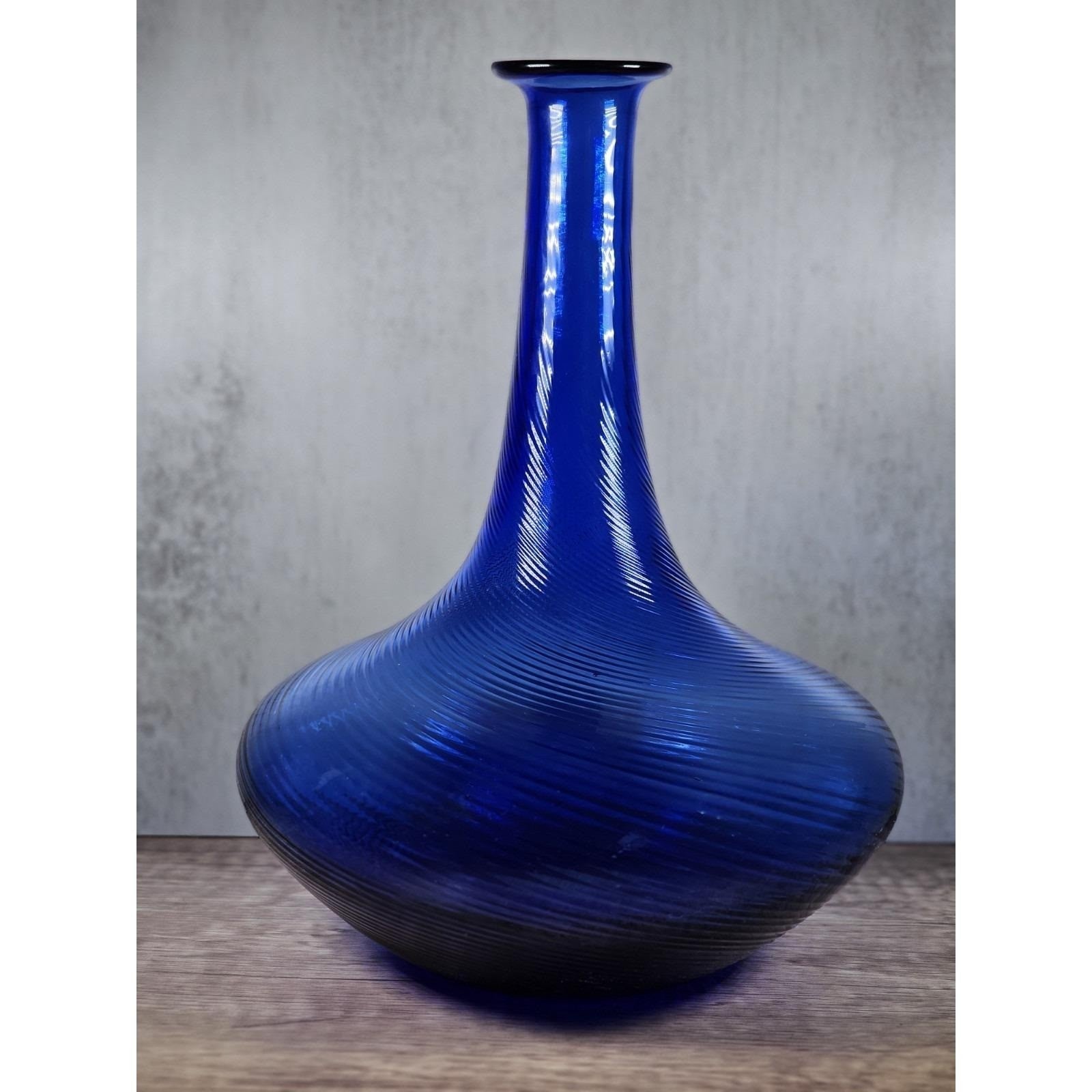 Vintage Cobalt Blue Swirl Glass Vase 1970s Art Glass Decor