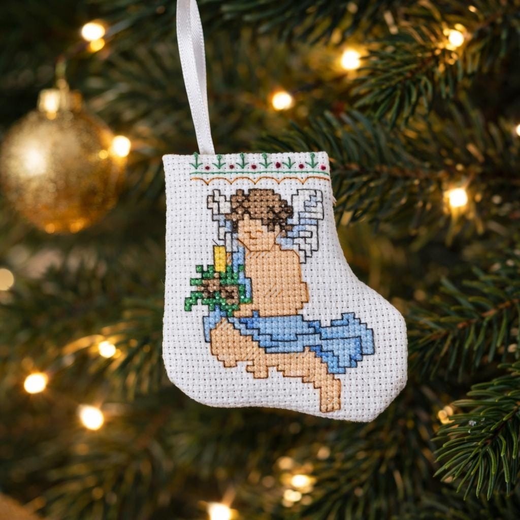 Cross Stitch Angel Stocking Ornament Vintage Christmas Decor