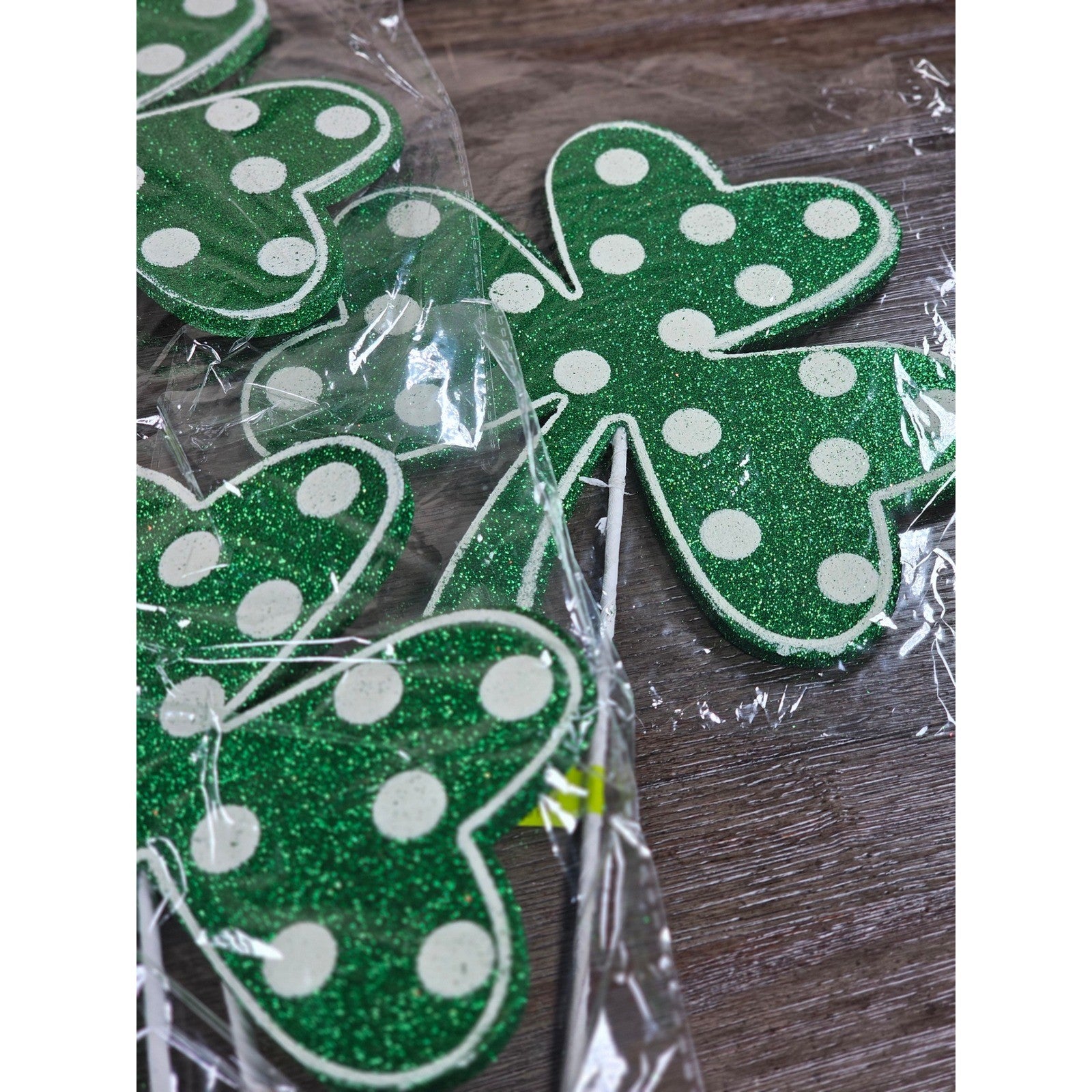 Set of 4 Green Polka Dot Clover Sprays 19" Glitter St Patrick Picks