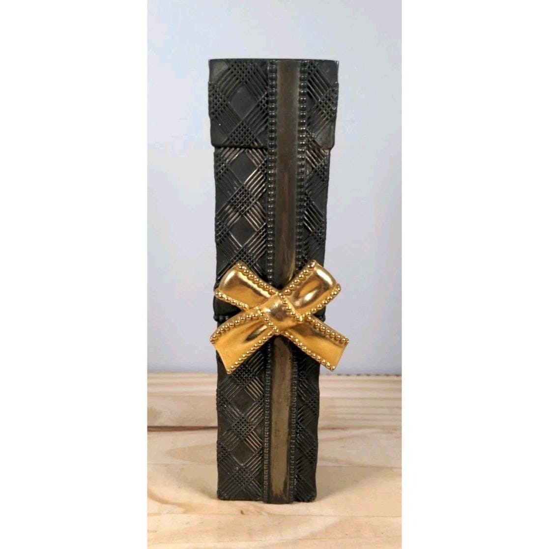 Vintage Godinger Silver Plated Bud Vase with Gold Bow 1991 Black Metal Decor