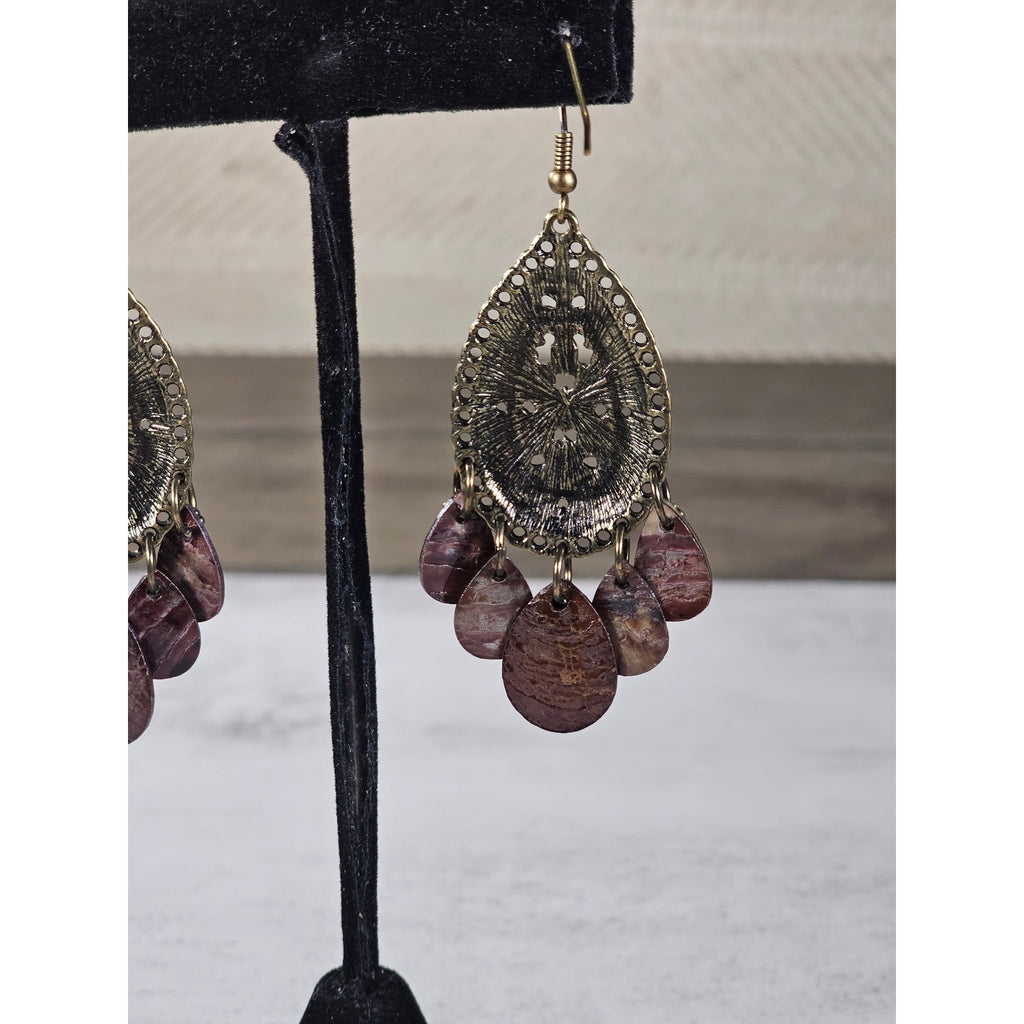 Boho Antique Gold Filigree Teardrop Chandelier Earrings Plum Shell Dangle Charms