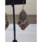 Boho Antique Gold Filigree Teardrop Chandelier Earrings Plum Shell Dangle Charms