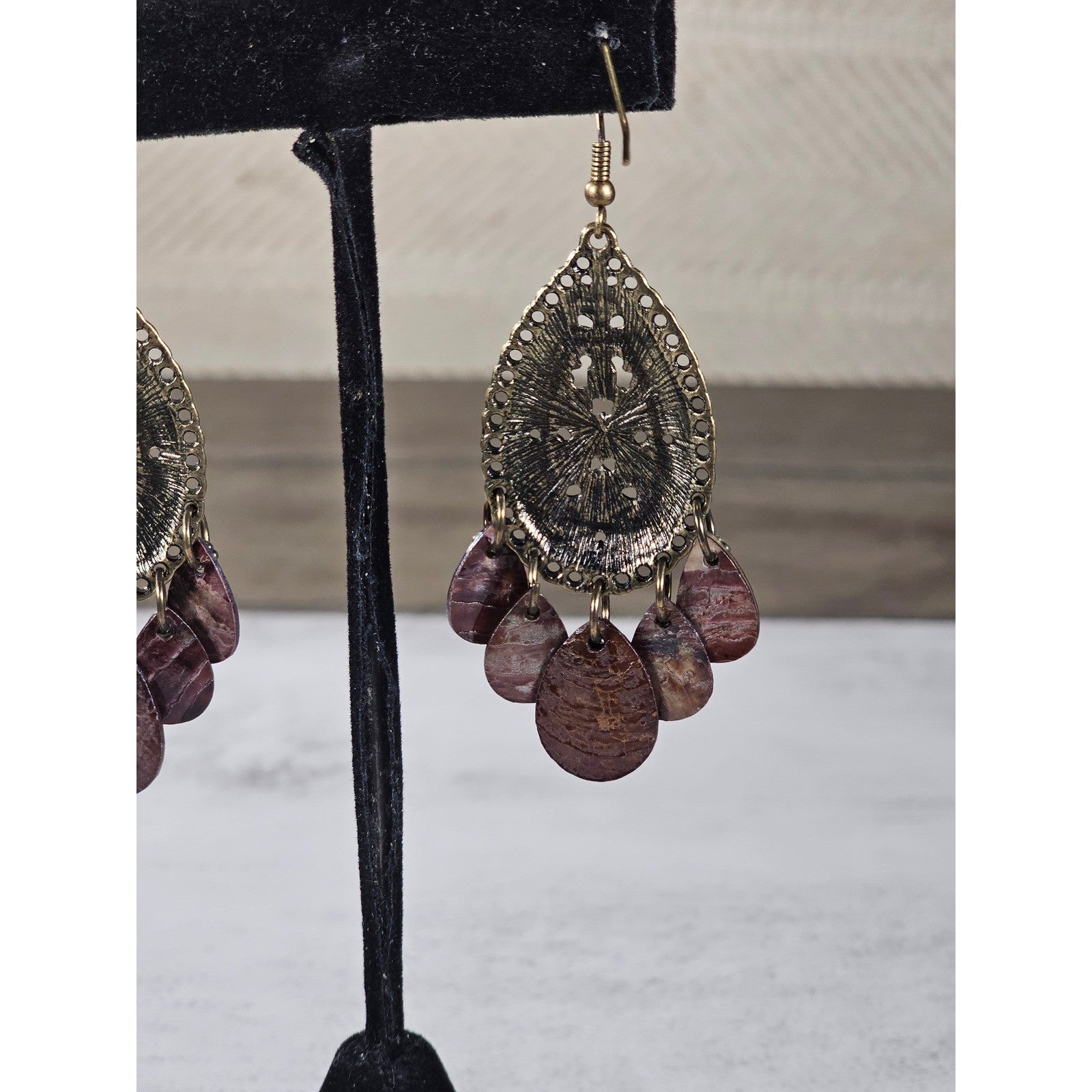 Boho Antique Gold Filigree Teardrop Chandelier Earrings Plum Shell Dangle Charms