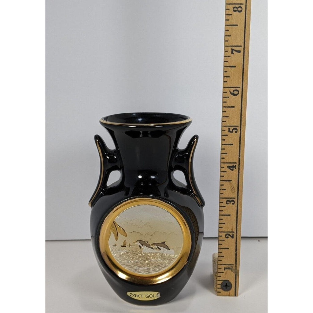 Art of Chokin Dolphin Mini Vase Black Gold Japan 5" Vintage