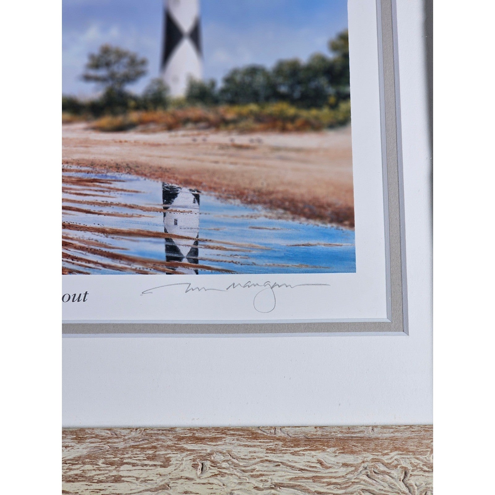 Vintage Framed Coastal Lighthouse Print Signed William Mangum 13.5x12