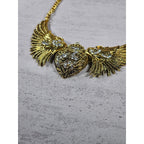 Vintage Gold Tone Winged Heart Rhinestone Statement Necklace