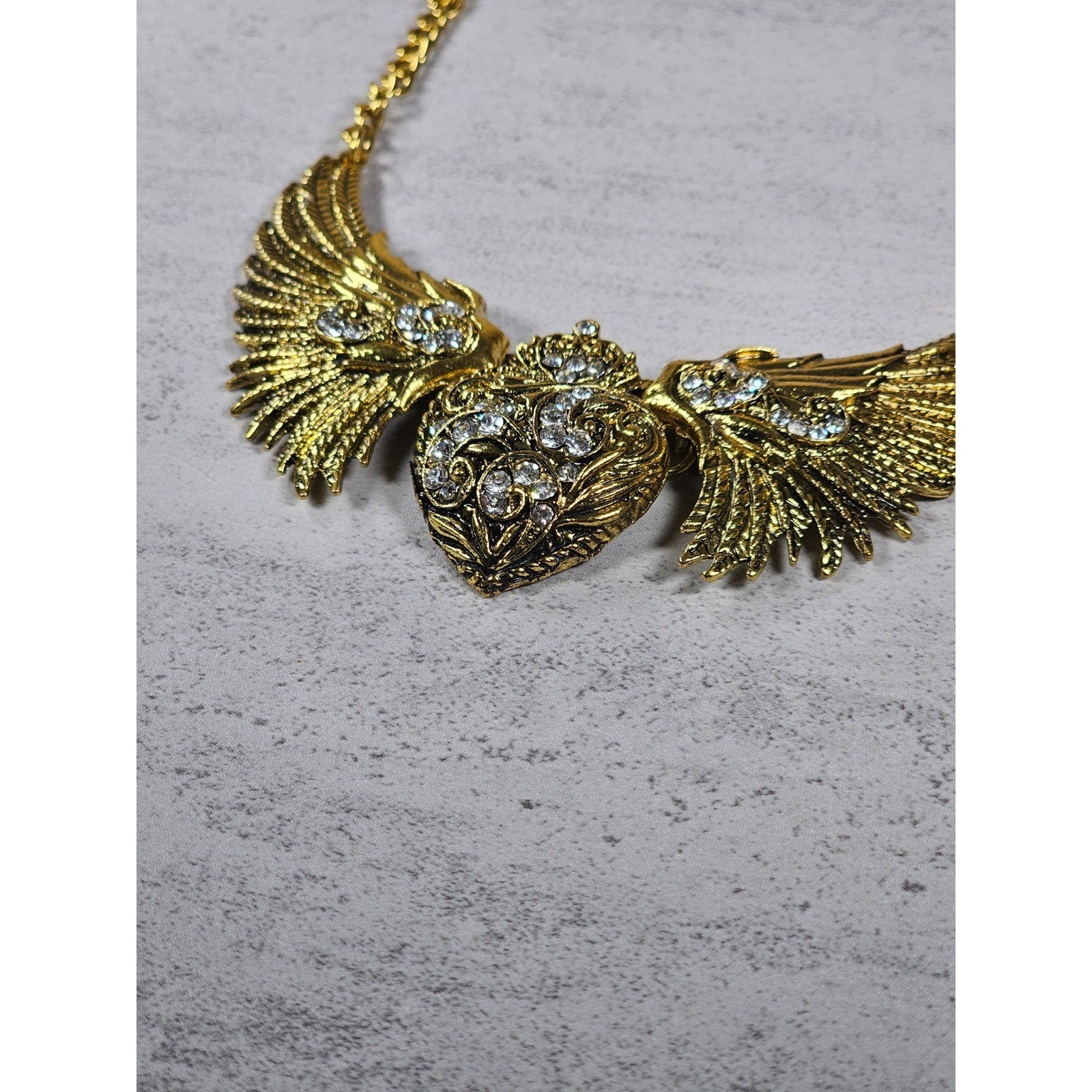 Vintage Gold Tone Winged Heart Rhinestone Statement Necklace
