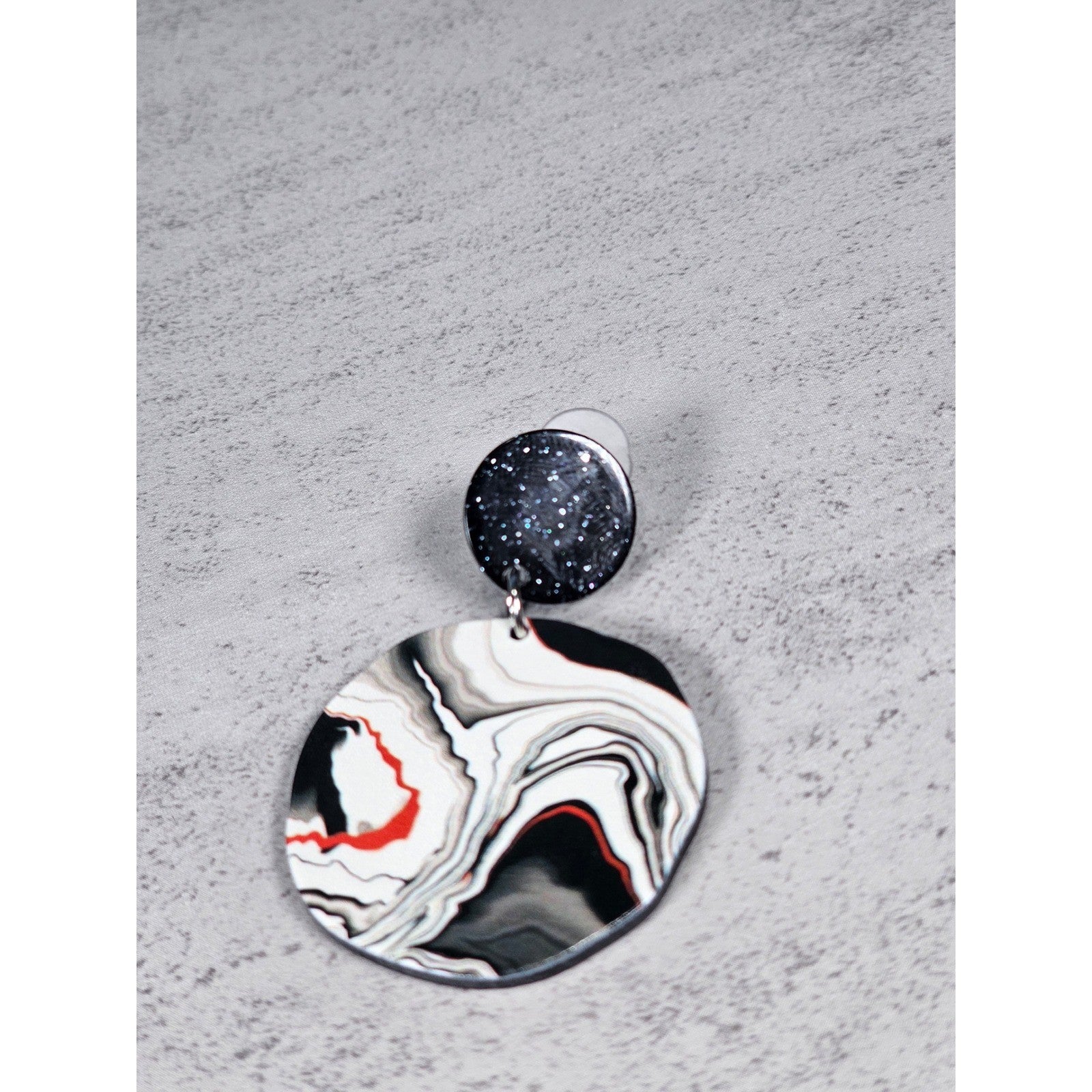 Abstract Black & White Disc Earrings with Red Accents | Pierced Stud Dangles