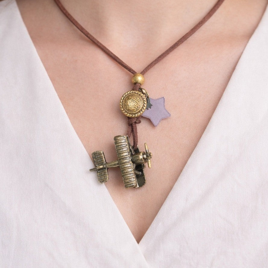 Vintage Airplane Pendant Necklace on Suede Cord with Star Charm