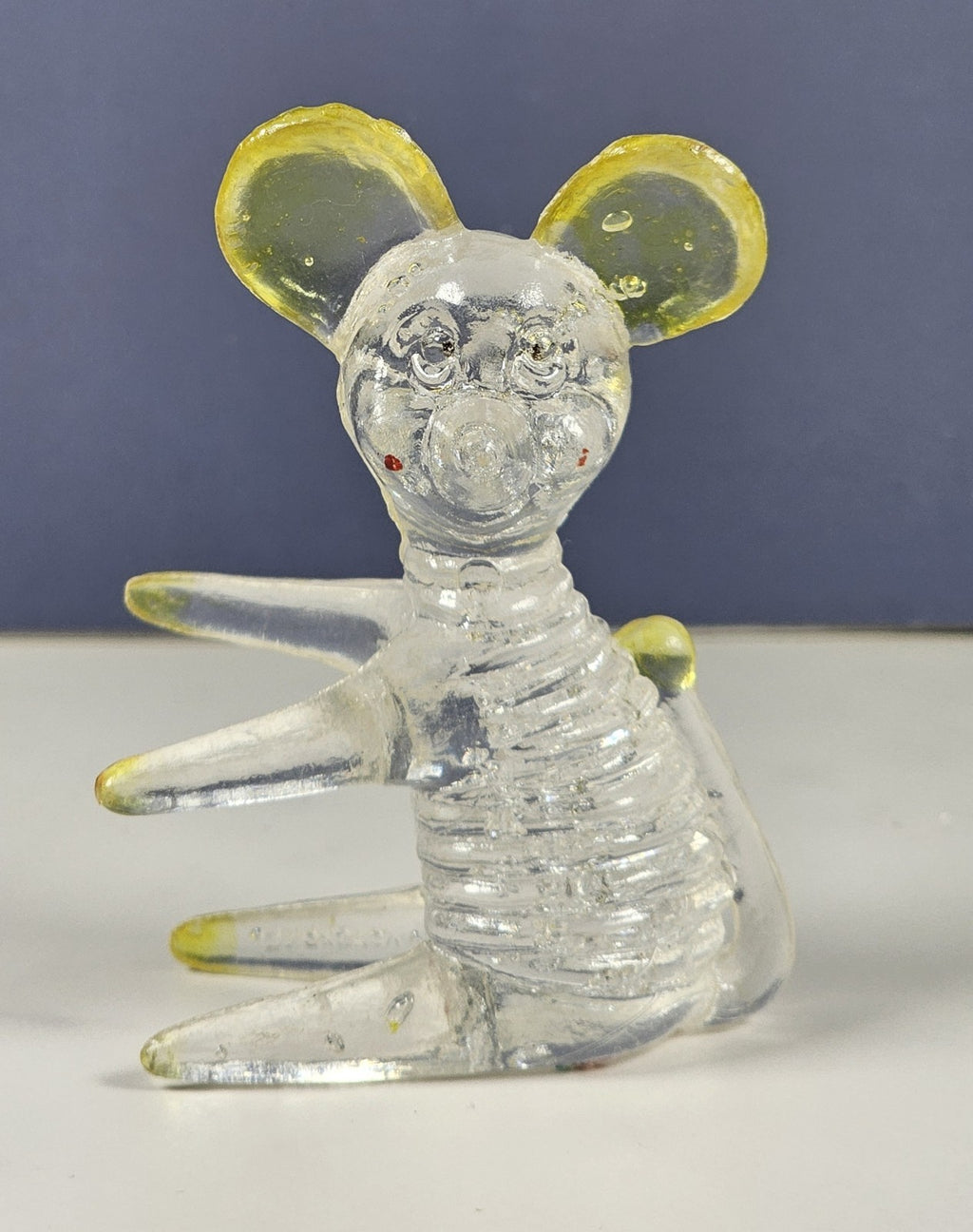 Set Of 2 Lucite Clear Acrylic Mouse Figurines 2 3/4 Inches With Yellow Ears & Ac