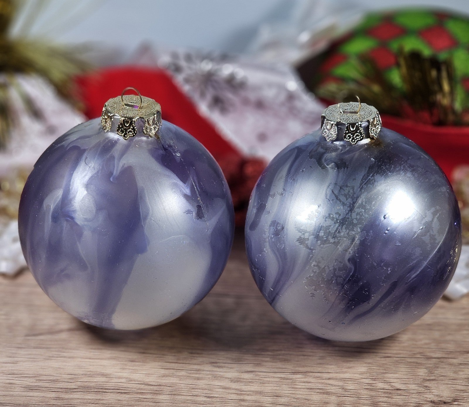 2 - 80s Vgt Blown Glass Purple Blue White Iridescent Marbled Christmas Ornament