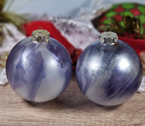 2 - 80s Vgt Blown Glass Purple Blue White Iridescent Marbled Christmas Ornament
