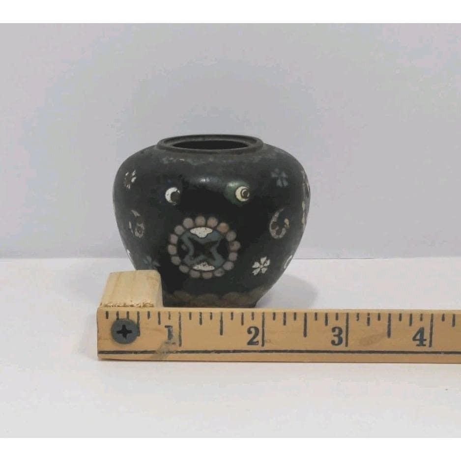 Vintage Cloisonne Mini Vase Black Floral Enamel 2.5" Collectible