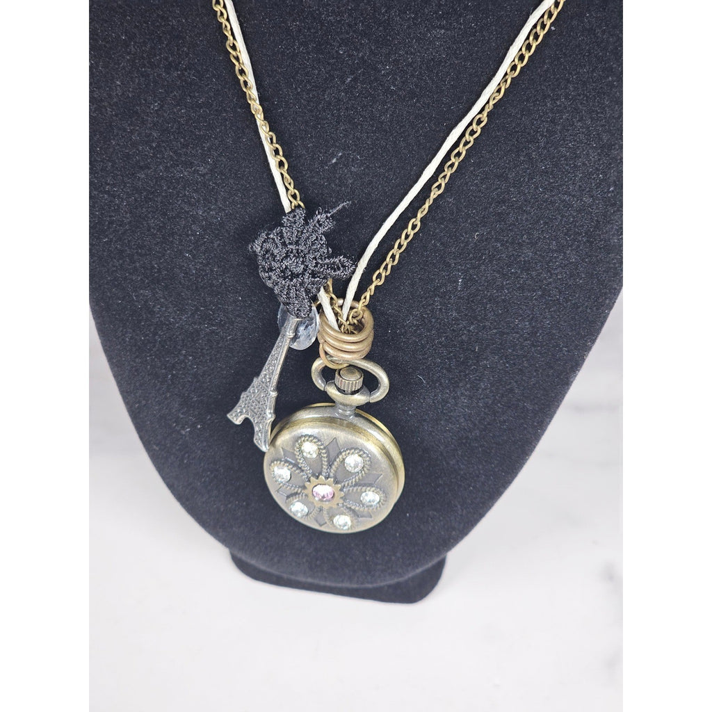 Vintage Long Necklace Pocket Watch Locket Pendant Eiffel Tower Charm