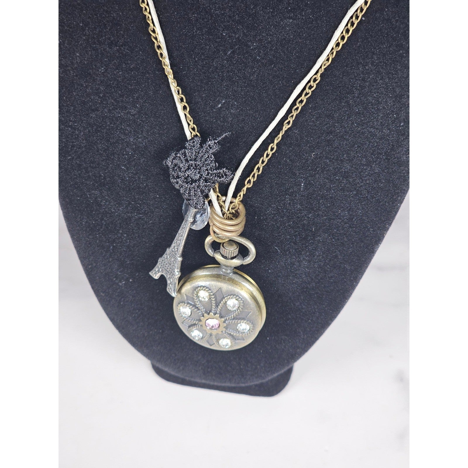 Vintage Long Necklace Pocket Watch Locket Pendant Eiffel Tower Charm